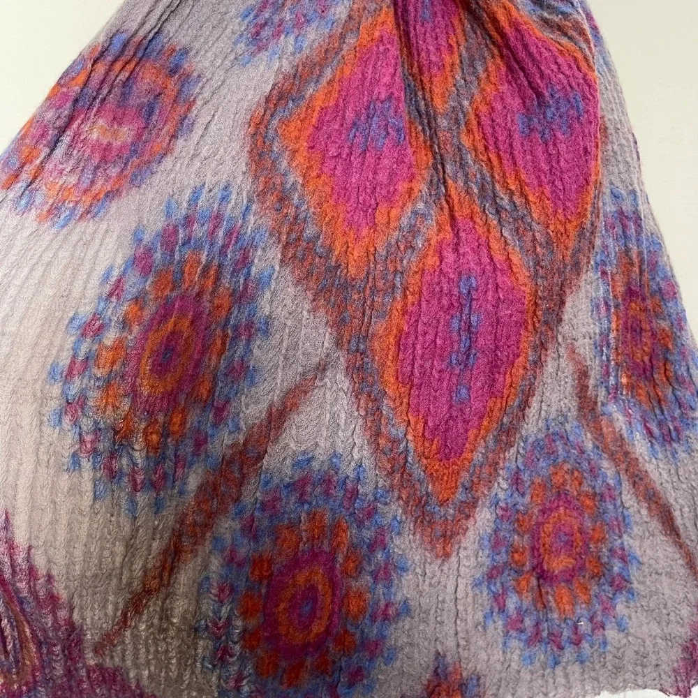 FRAAS Scarf Ikat Pattern Gray Pink Orange Blue Lightweight Boho Crinkle Gauze‎